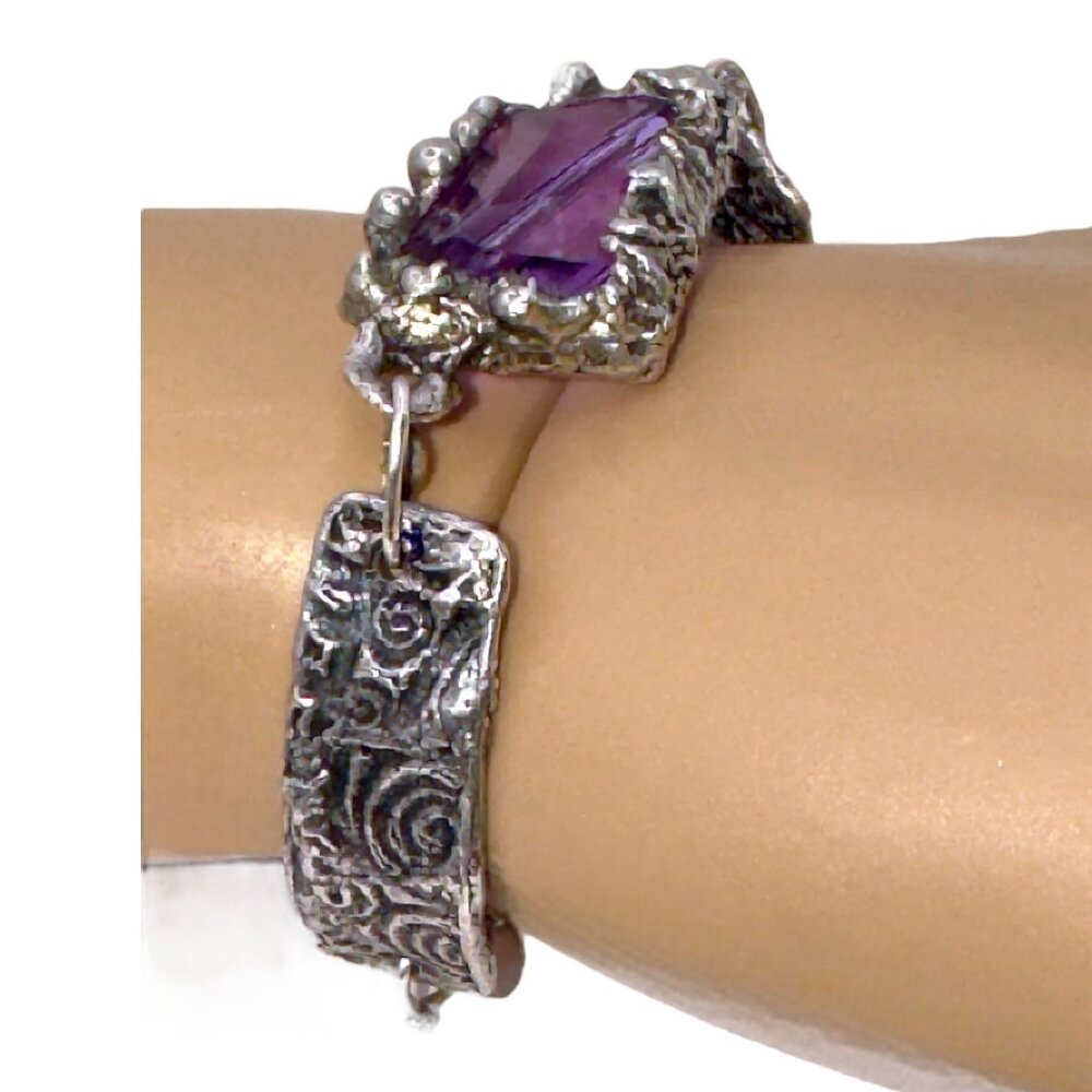 Amethyst Bracelet - Chunky Crystal Intricate Silver Links Adjustable 8" - Picture 9 of 17